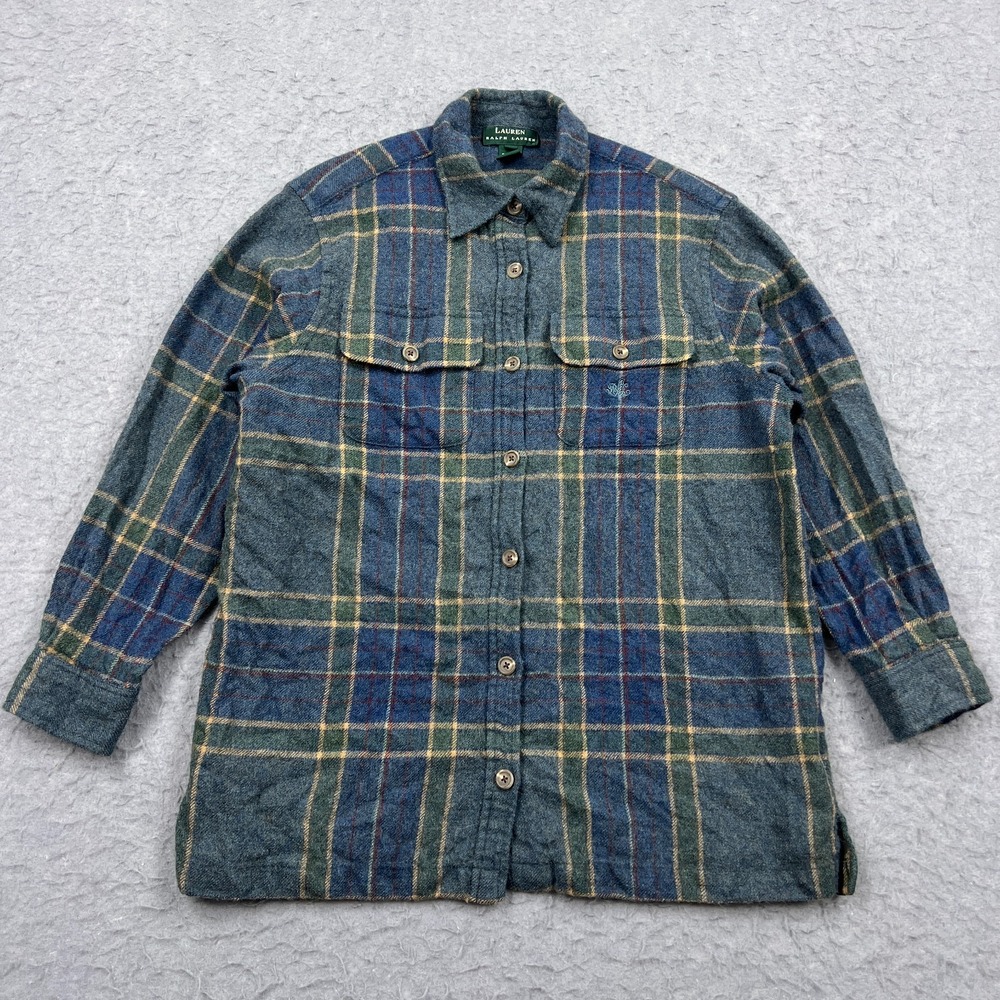 Lauren Ralph Lauren Flannel Women's Medium Green 100% Wool Plaid Button Up Shirt